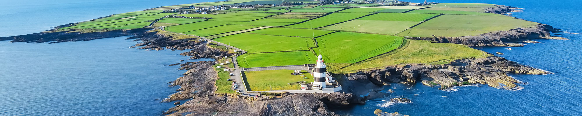 Ariel view of the Hook Lighthouse situated on Hook Head at the tip of the Hook Peninsula in County Wexford, Ireland